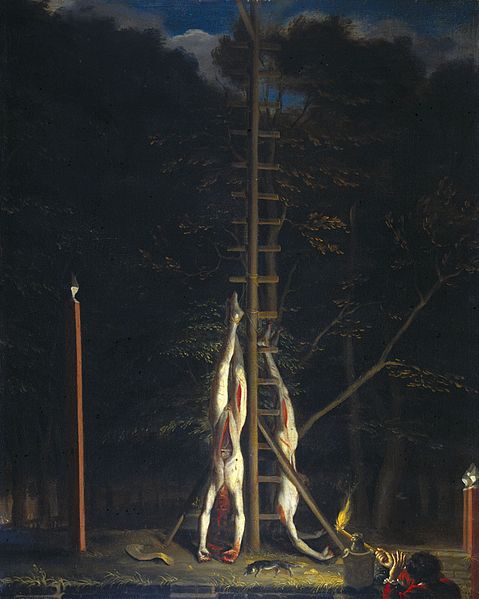 Corpses of the Dewitt brothers on the Groene Zoodje at Lange Vijverberg in the Hague, 1672 CE, August 20,  attributed to Jan de Baen (1633-1702) Rijksmuseum Amsterdam SK-A-15.
